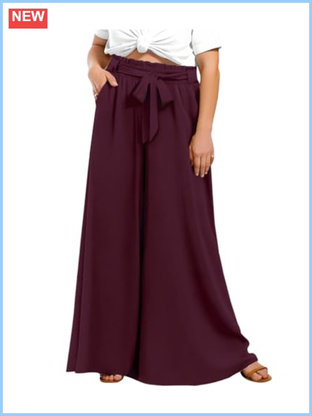 Plus Size Wide Leg Palazzo Pants High Waisted Self-Tie Belted Trousers Pockets